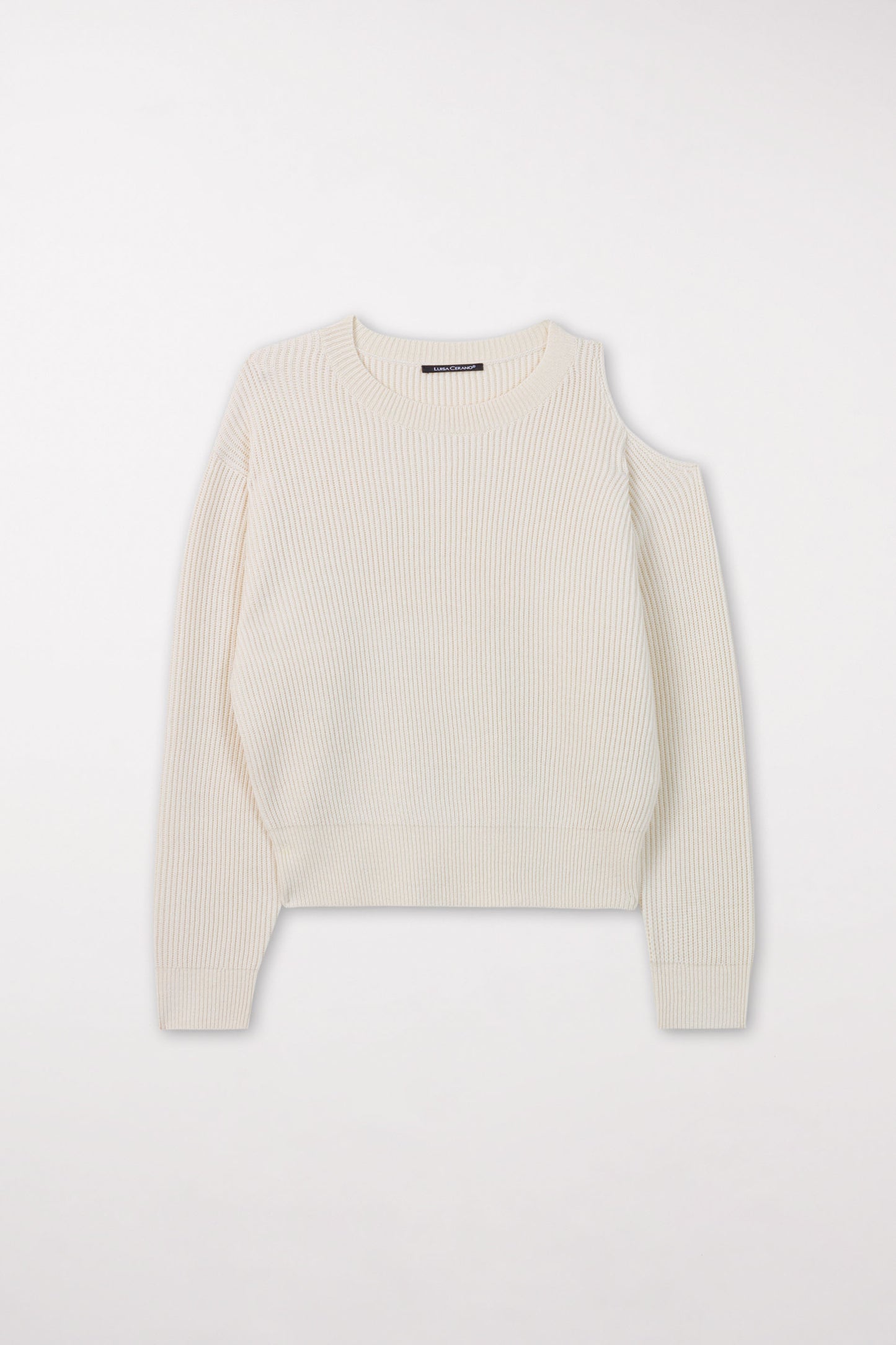 Knitted Sweater with A Cut-out on the Left Shoulder