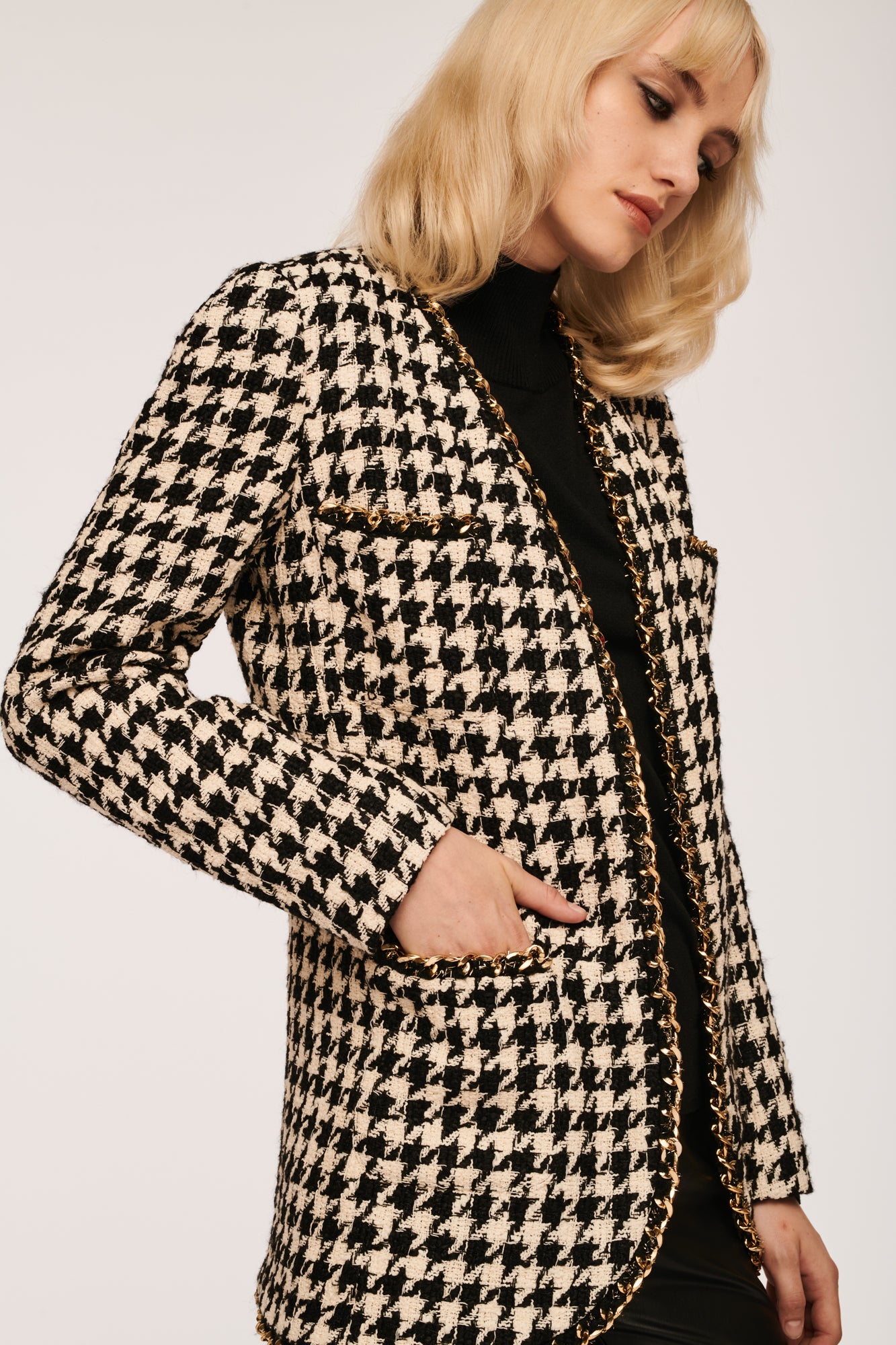 Long Tweed Jacket with Houndstooth Pattern