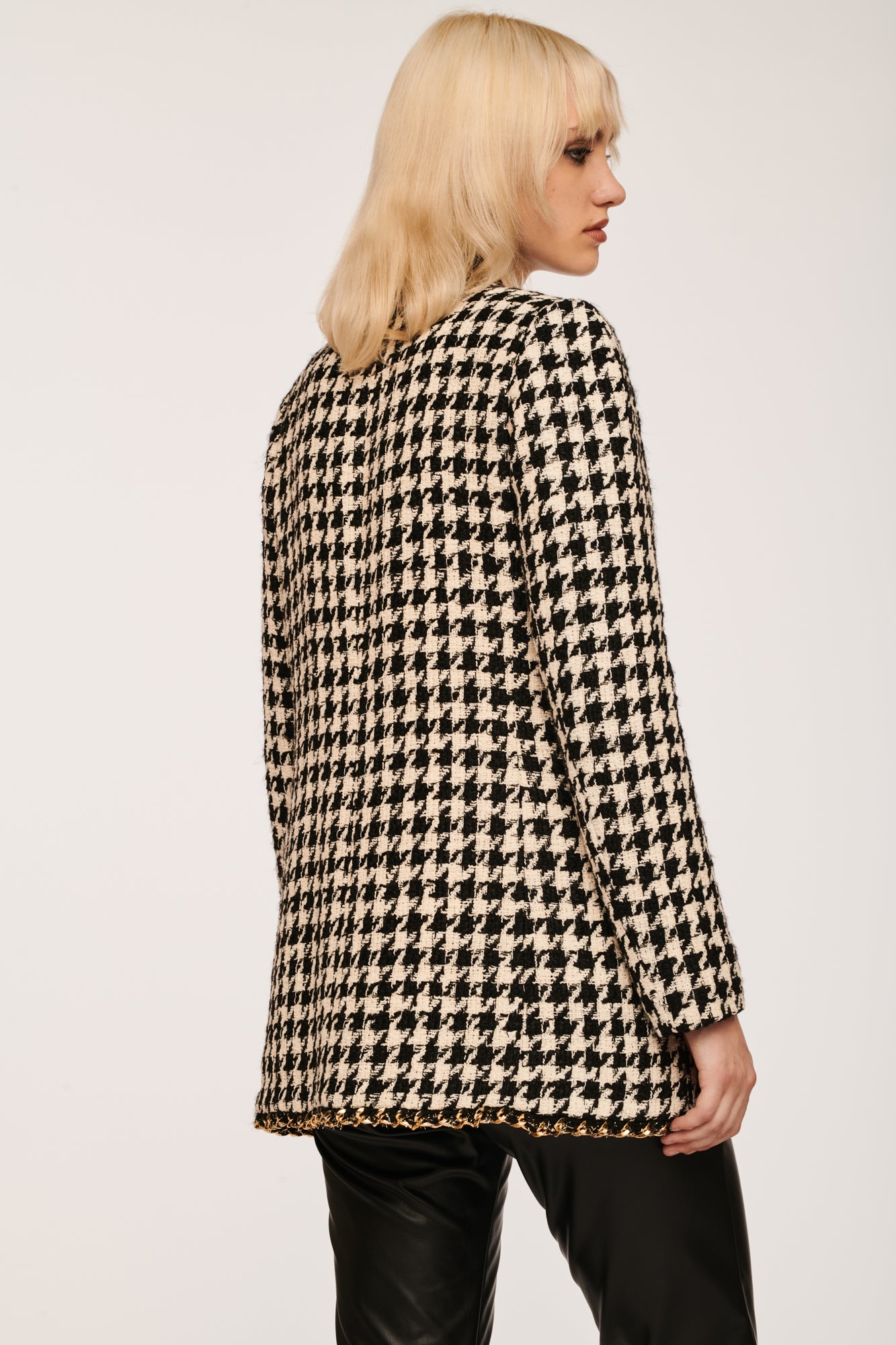 Long Tweed Jacket with Houndstooth Pattern