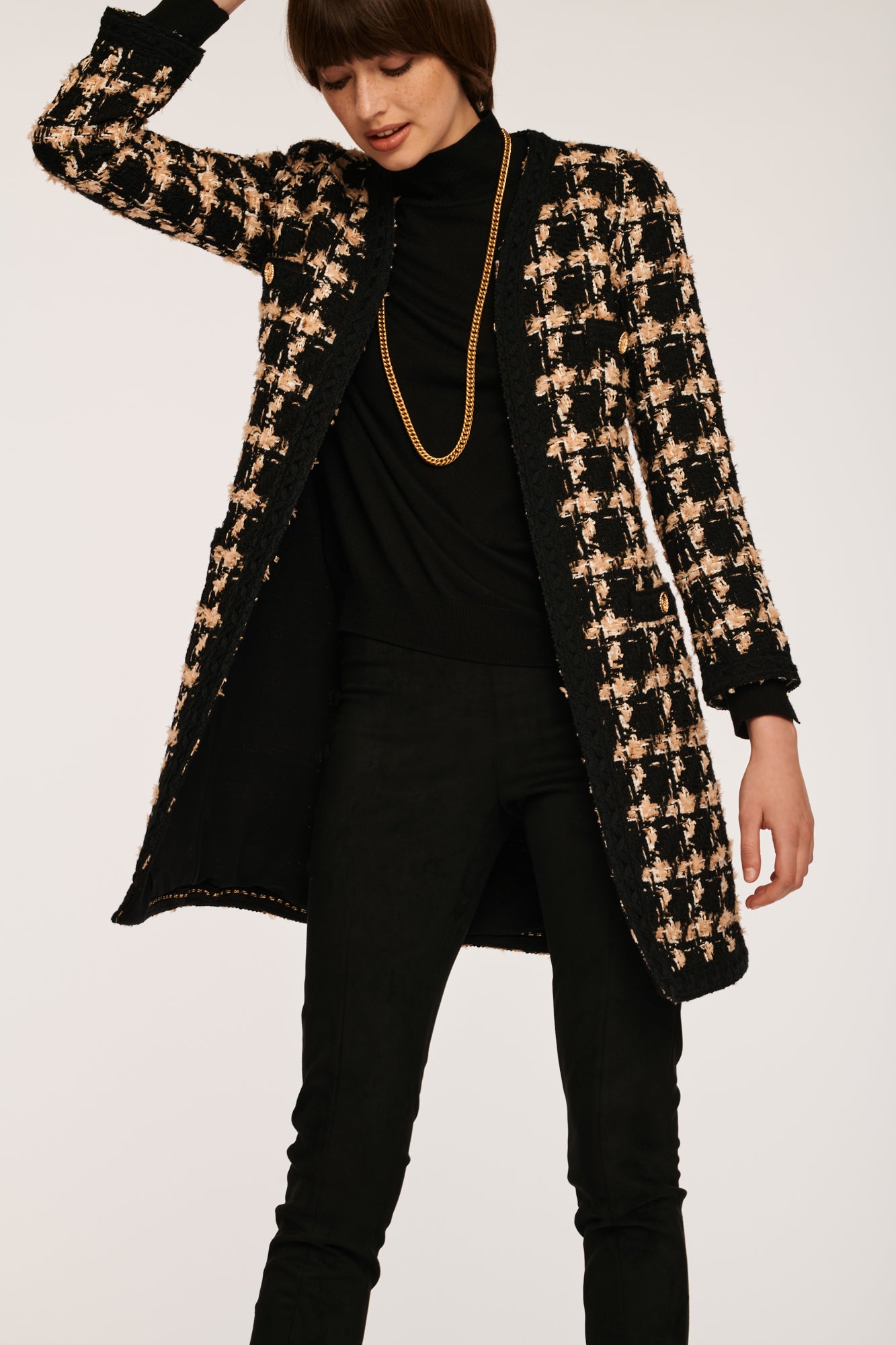 Long Tweed Jacket with Checkered pattern