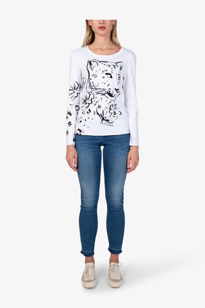 亮片裝飾豹子印花圓領T恤