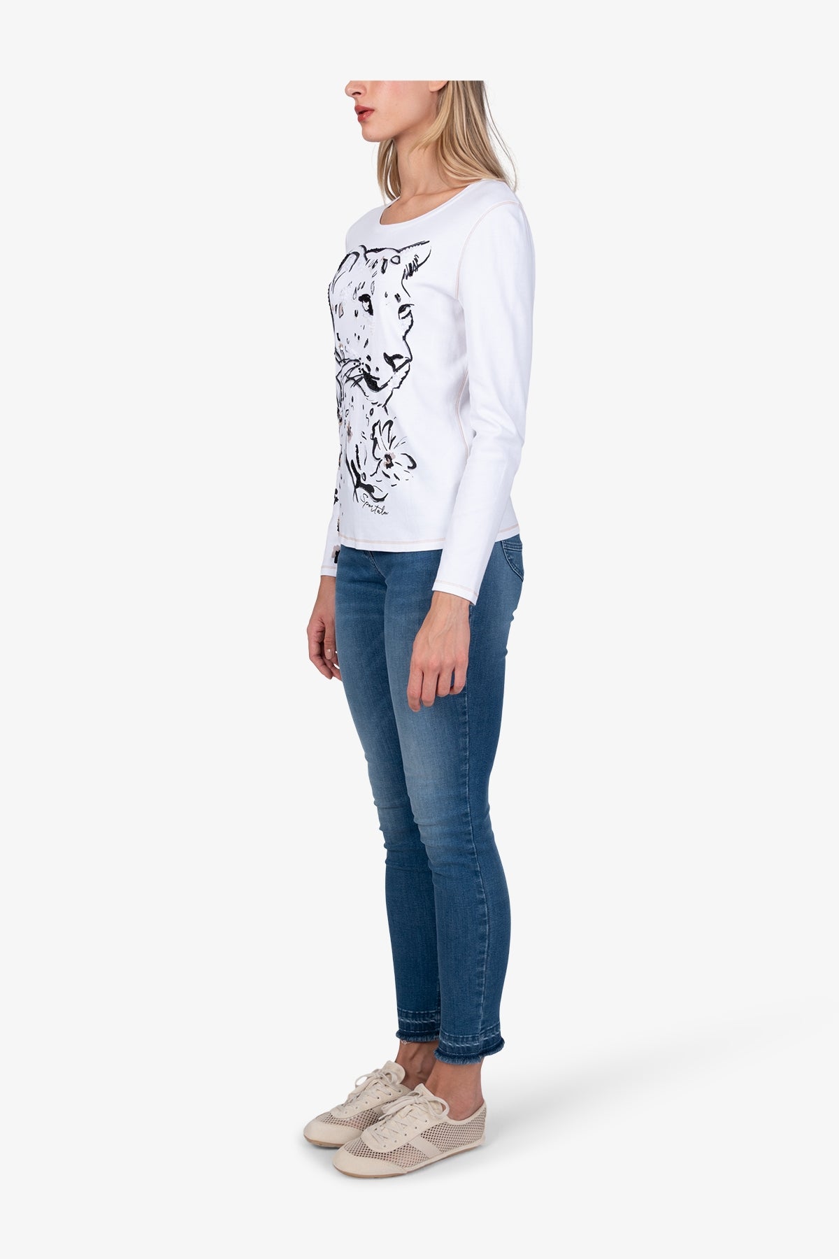 亮片裝飾豹子印花圓領T恤