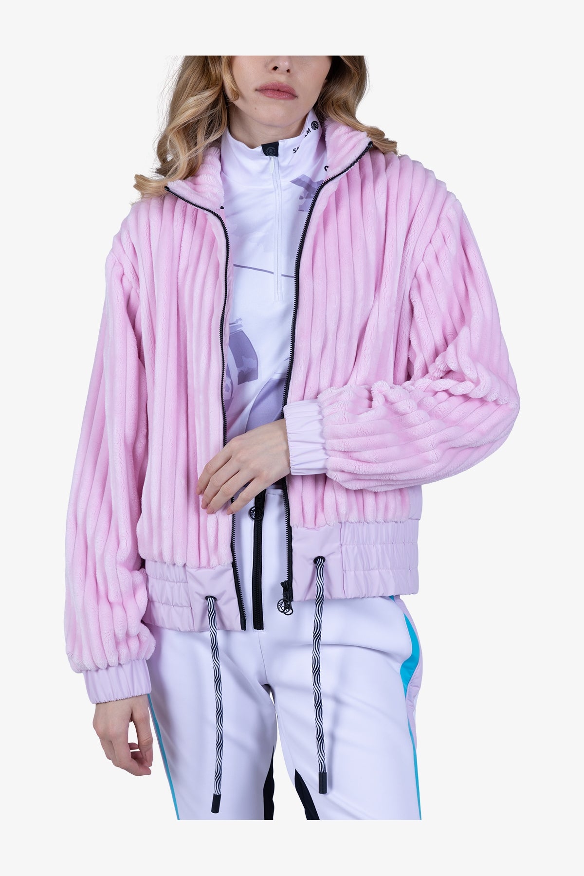 條紋絨立領抽繩邊夾克