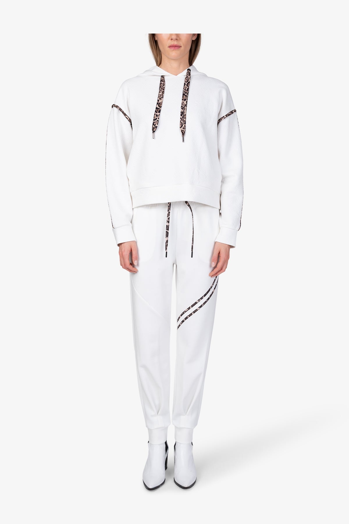 豹紋鑲邊抽繩連帽提花衛衣