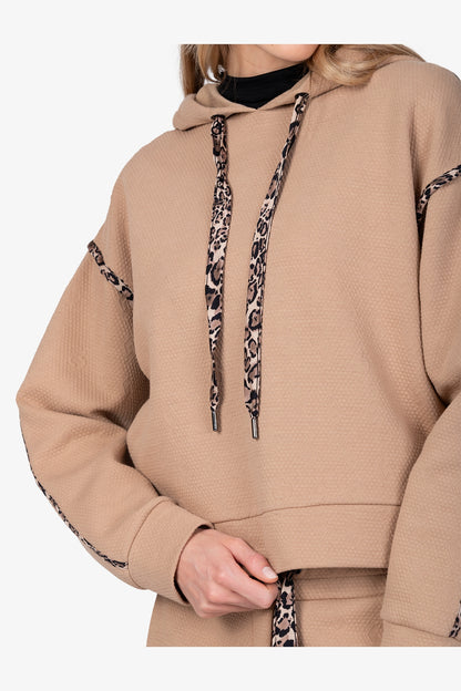 豹紋鑲邊抽繩連帽提花衛衣