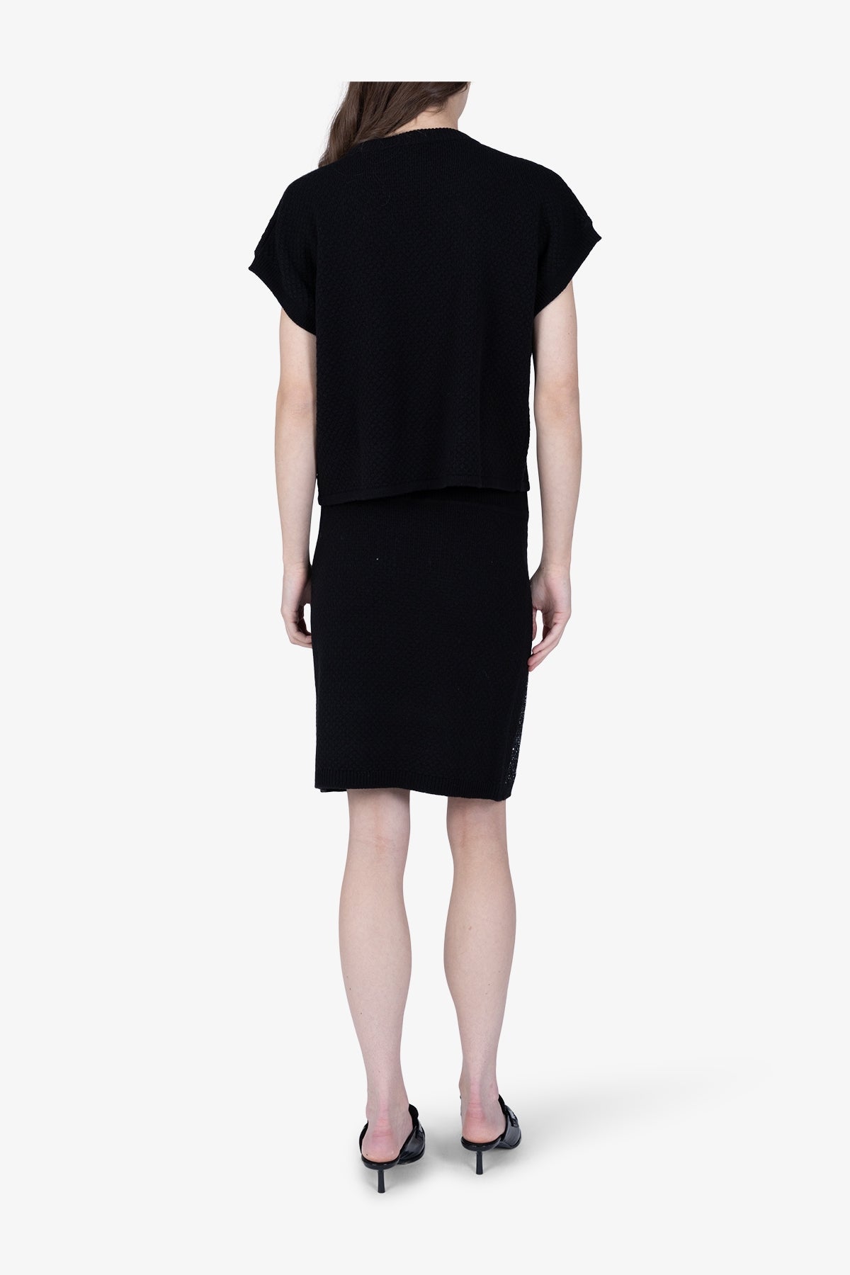 微閃粗眼針織條紋拼接短袖上衣