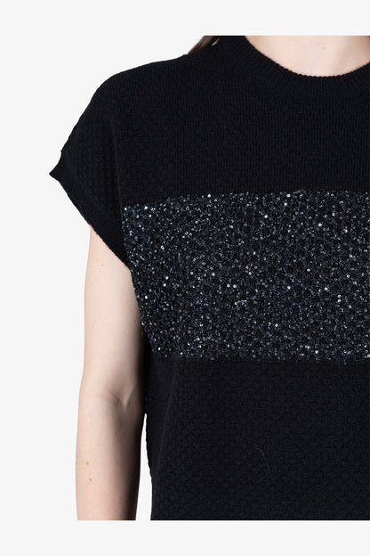 微閃粗眼針織條紋拼接短袖上衣