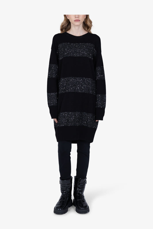 微閃粗眼針織條紋拼接長袖套頭衫