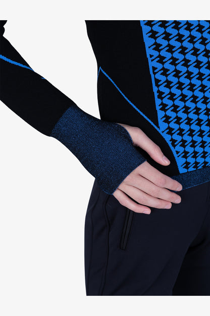 撞色嵌花條紋拉鏈立領針織套頭衫