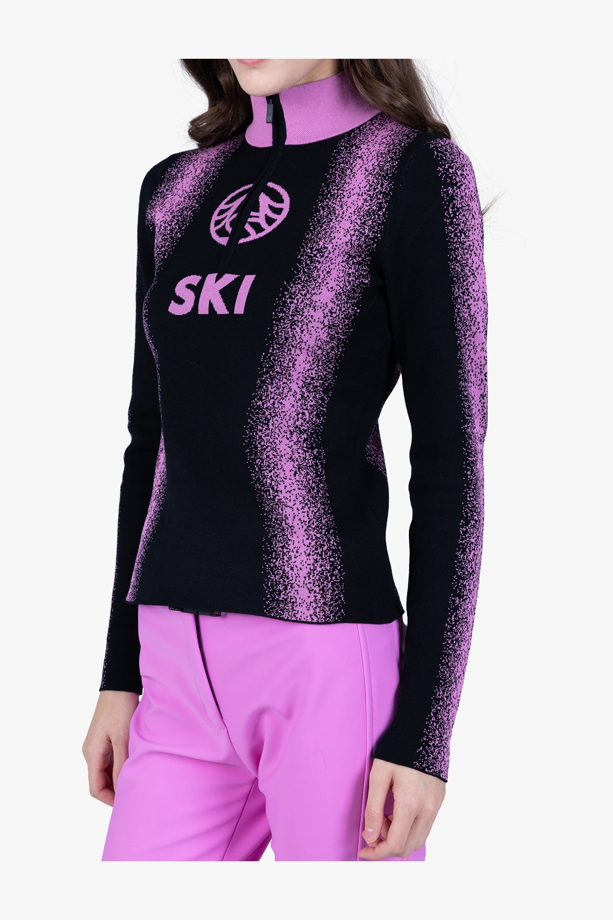 雙色豎條紋印字拉鏈立領針織套頭衫