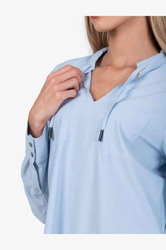 抽繩V形立領長袖襯衣