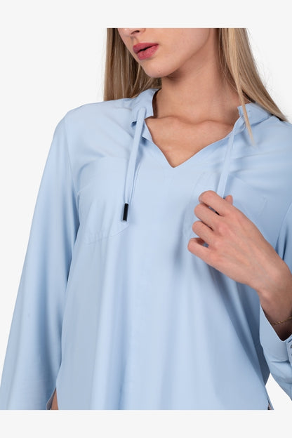 抽繩V形立領長袖襯衣