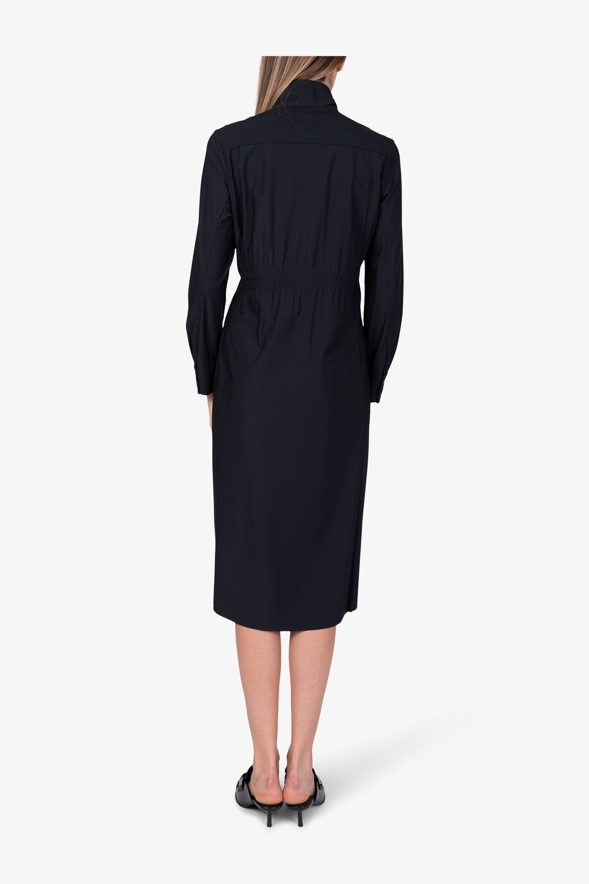 抽繩拉鏈立領長袖連衣裙