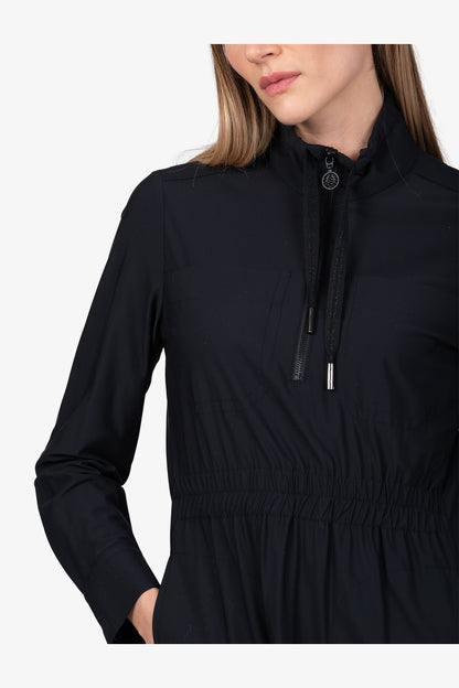 抽繩拉鏈立領長袖連衣裙