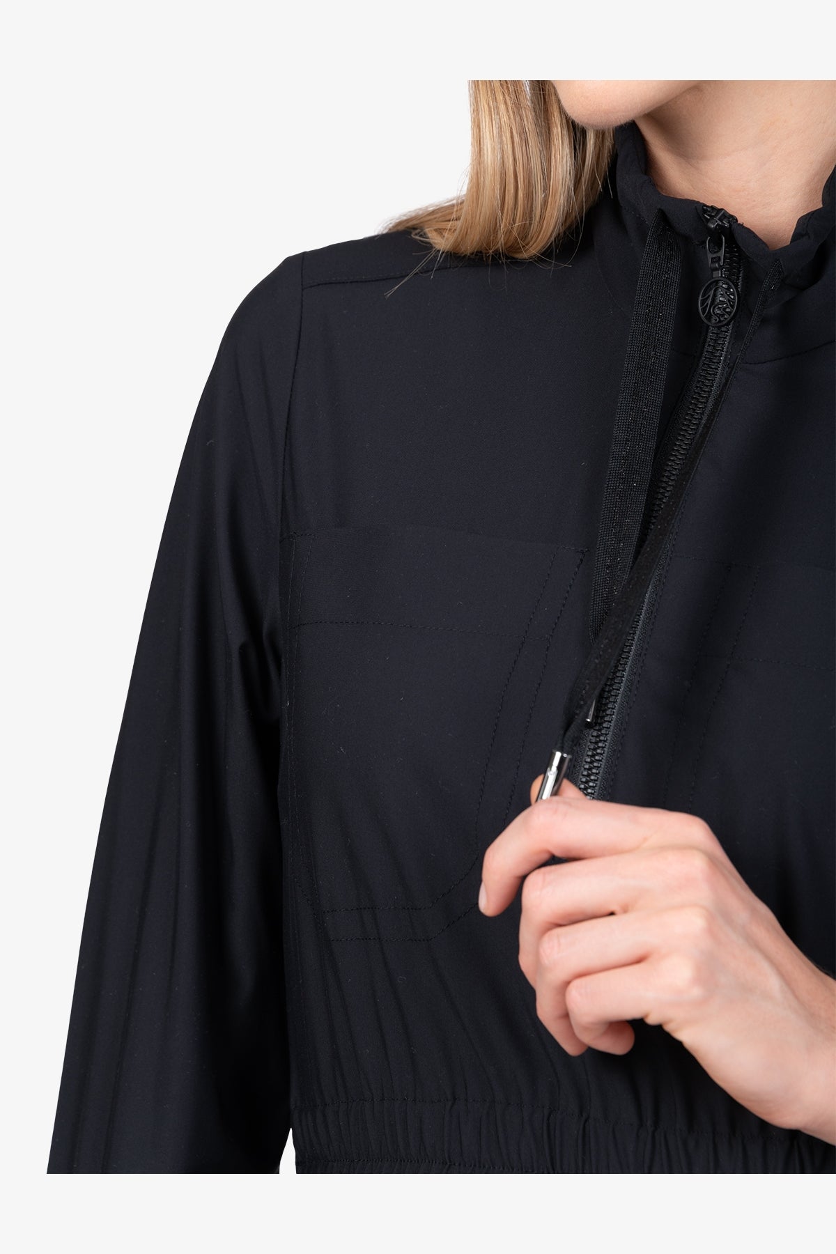 抽繩拉鏈立領長袖連衣裙