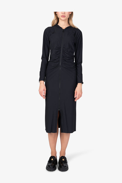 連帽縮褶拉鏈連衣裙