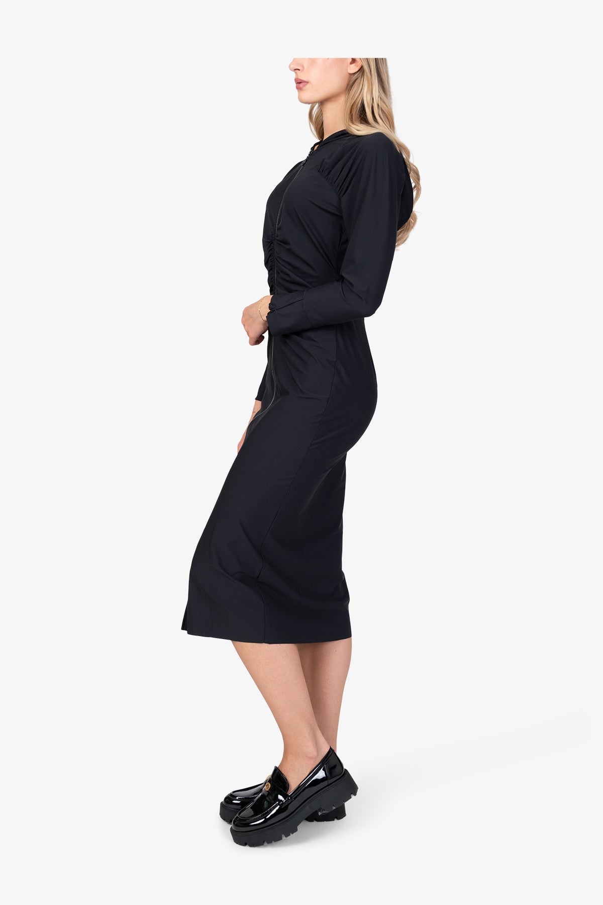 連帽縮褶拉鏈連衣裙