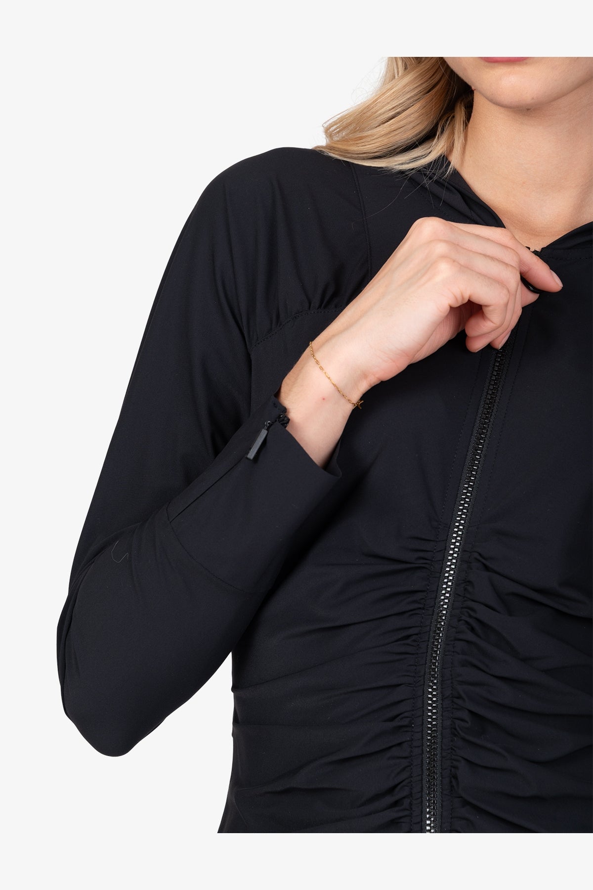 連帽縮褶拉鏈連衣裙