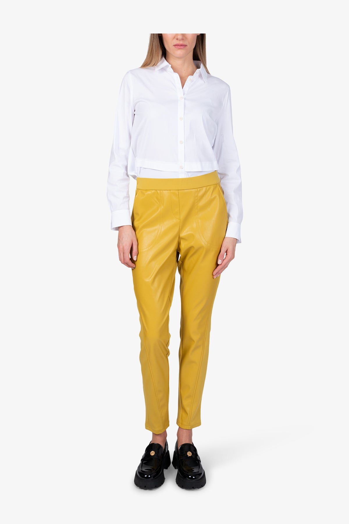 鬆緊腰人造皮革長褲