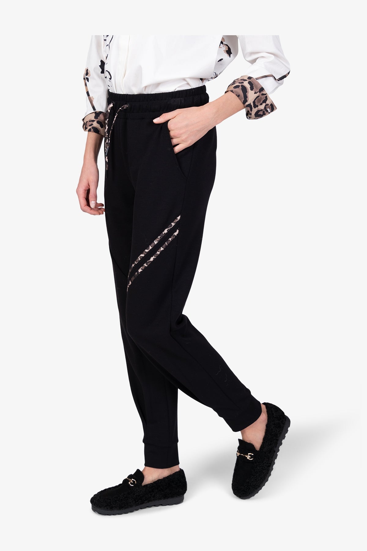 抽繩鬆緊腰豹紋飾邊休閒褲