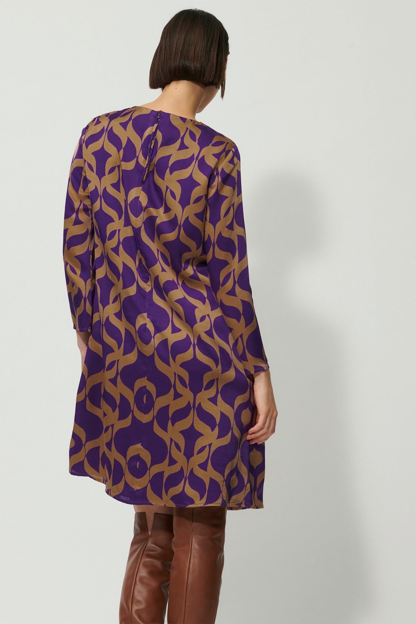 Straight-cut Silk Dress with Graphic Inspired Print