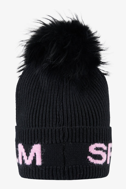 皮草毛球字母圖案針織帽