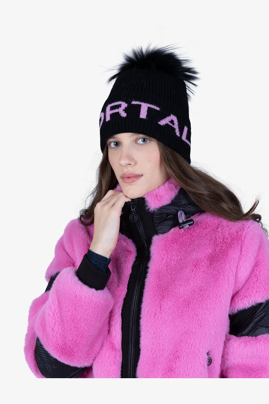 皮草毛球字母圖案針織帽