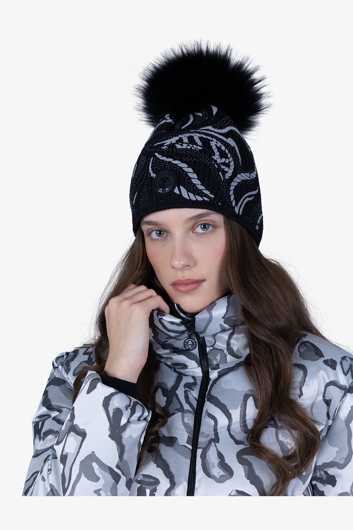 水鑽裝飾印花針織帽