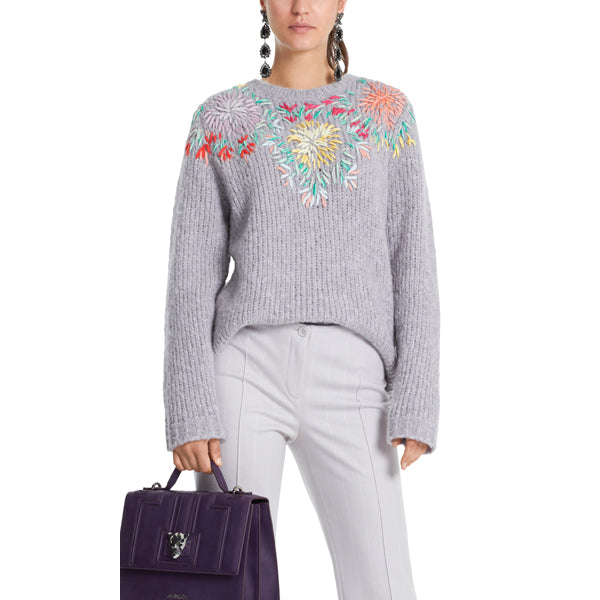 Knit sweater with floral hand-embroidery