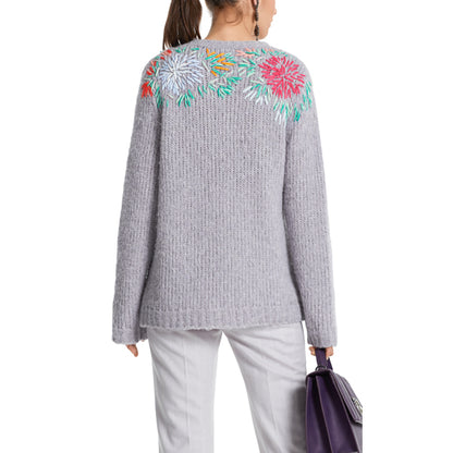 Knit sweater with floral hand-embroidery