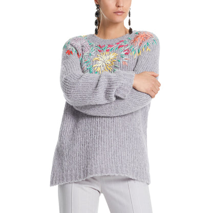 Knit sweater with floral hand-embroidery